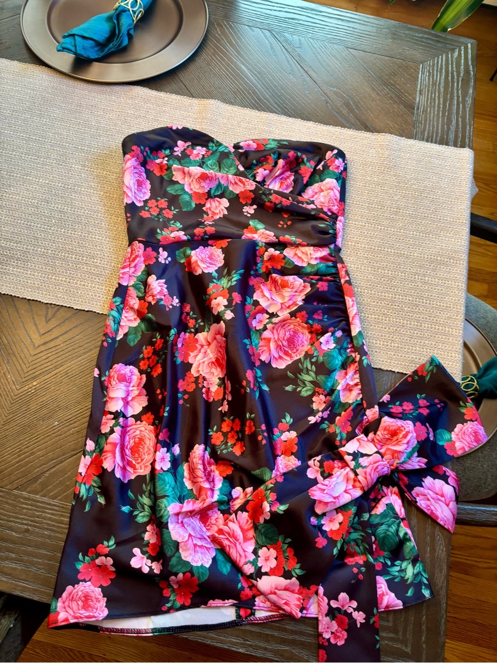 ASOS Black Strapless Dress with Pink Floral Print